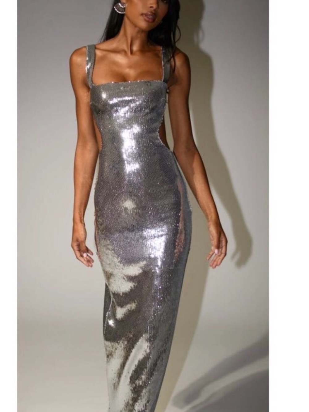 Meshki Silver Sequin Square-Neck Maxi Gown